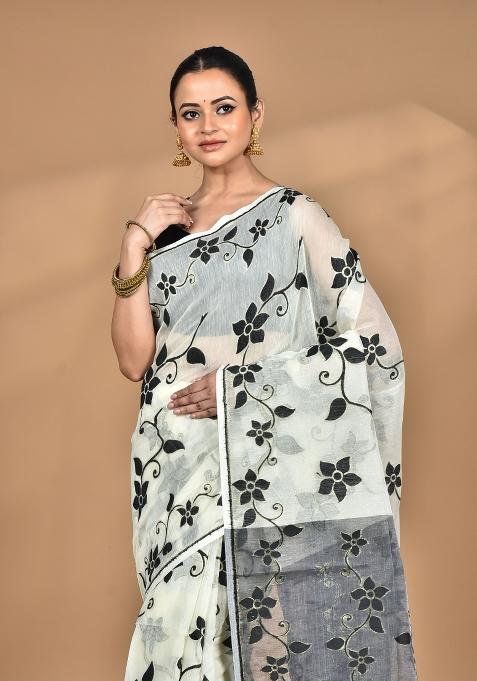 Cream Handloom Pure Cotton Saree Set