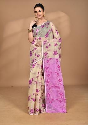 Beige Handloom Pure Cotton Saree Set