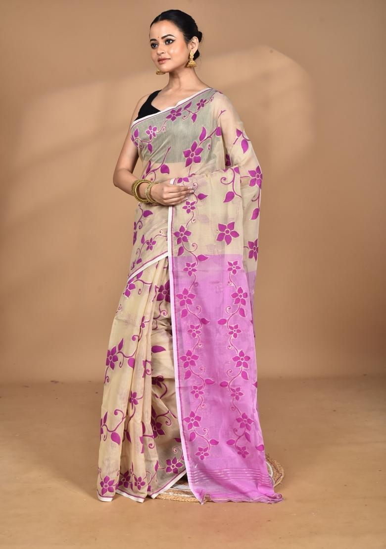 Beige Handloom Pure Cotton Saree Set