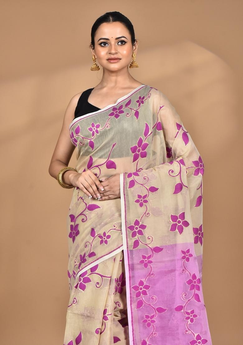 Beige Handloom Pure Cotton Saree Set
