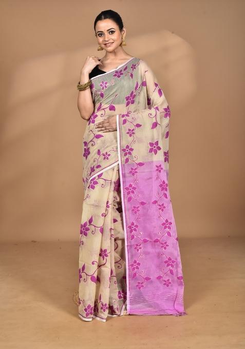 Beige Handloom Pure Cotton Saree Set