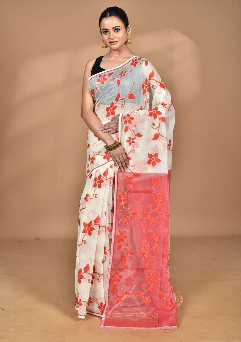 Off White Handloom Pure Cotton Saree Set for Diwali | Wedding & Festive Wear - Indya
