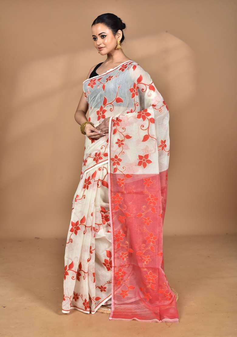 Off White Handloom Pure Cotton Saree Set for Diwali | Wedding & Festive Wear - Indya
