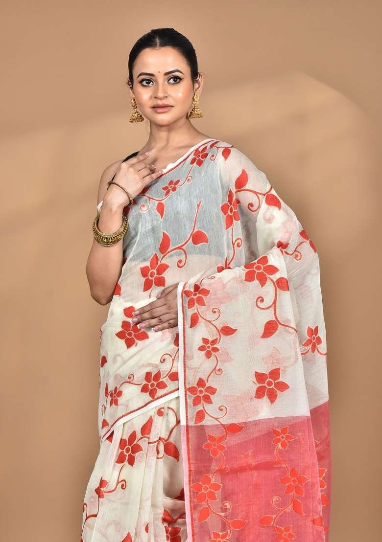 Off White Handloom Pure Cotton Saree Set for Diwali | Wedding & Festive Wear - Indya
