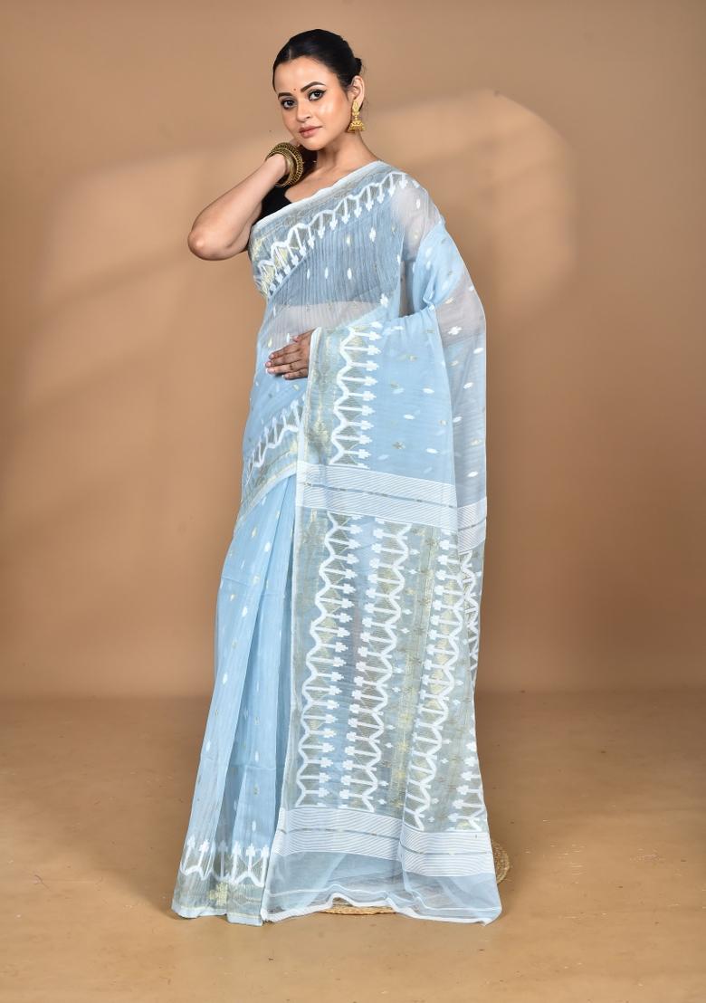 Light Blue Handloom Pure Cotton Saree Set