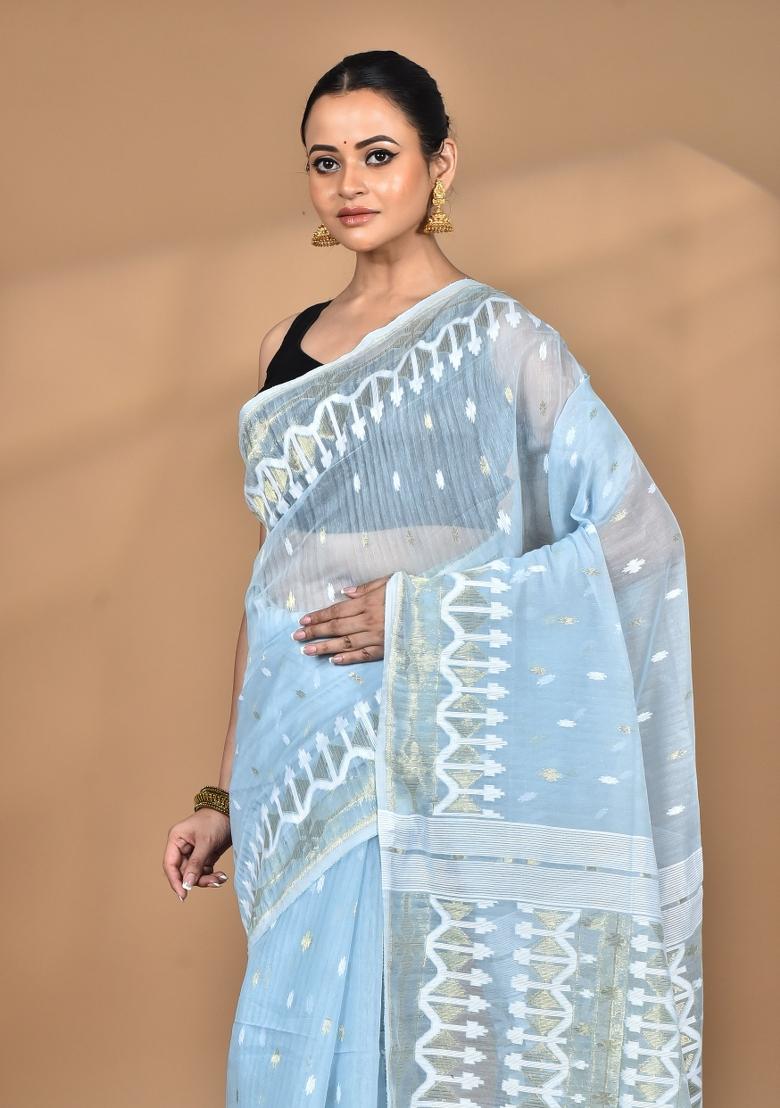 Light Blue Handloom Pure Cotton Saree Set