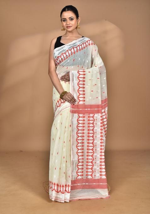 Cream Handloom Pure Cotton Saree Set