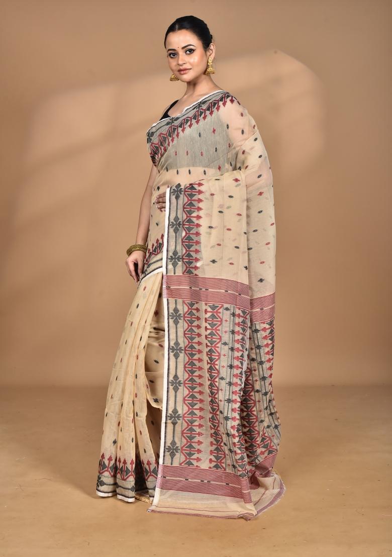 Beige Handloom Pure Cotton Saree Set