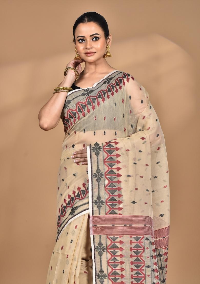 Beige Handloom Pure Cotton Saree Set