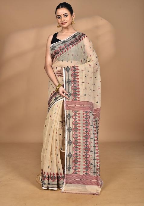 Beige Handloom Pure Cotton Saree Set