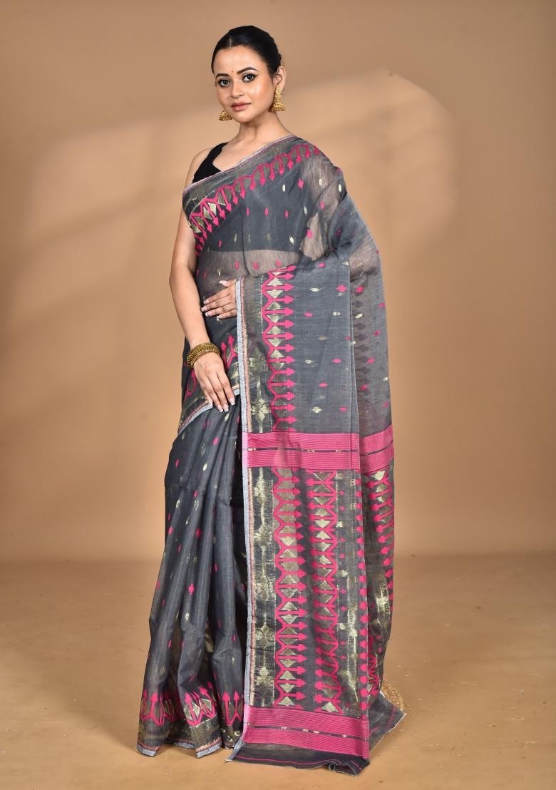 Grey Handloom Pure Cotton Saree Set