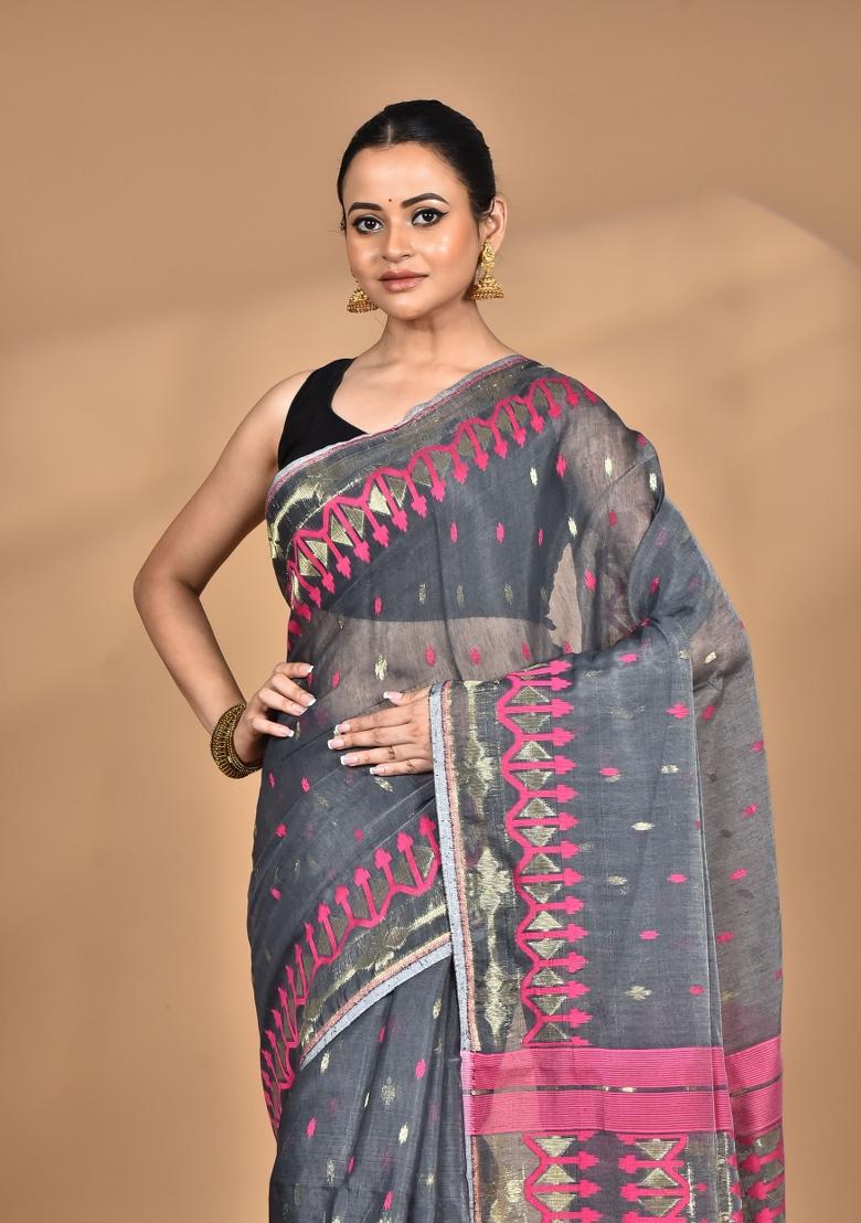 Grey Handloom Pure Cotton Saree Set
