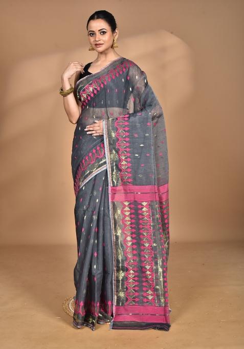 Grey Handloom Pure Cotton Saree Set