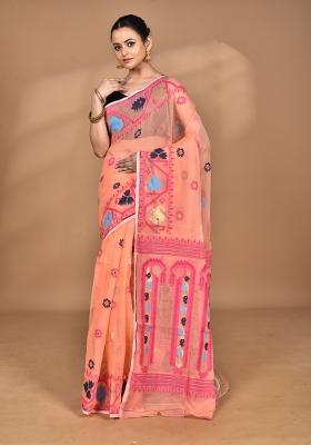 Peach Handloom Pure Cotton Saree Set