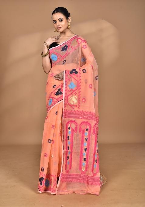 Peach Handloom Pure Cotton Saree Set