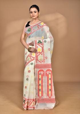 Cream Handloom Pure Cotton Saree Set