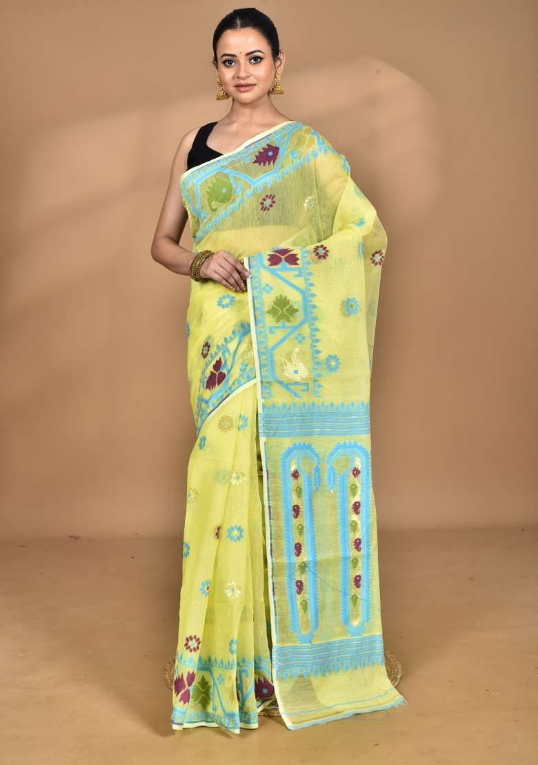 Light Yellow Handloom Pure Cotton Saree Set for Diwali | Wedding & Festive Wear - Indya