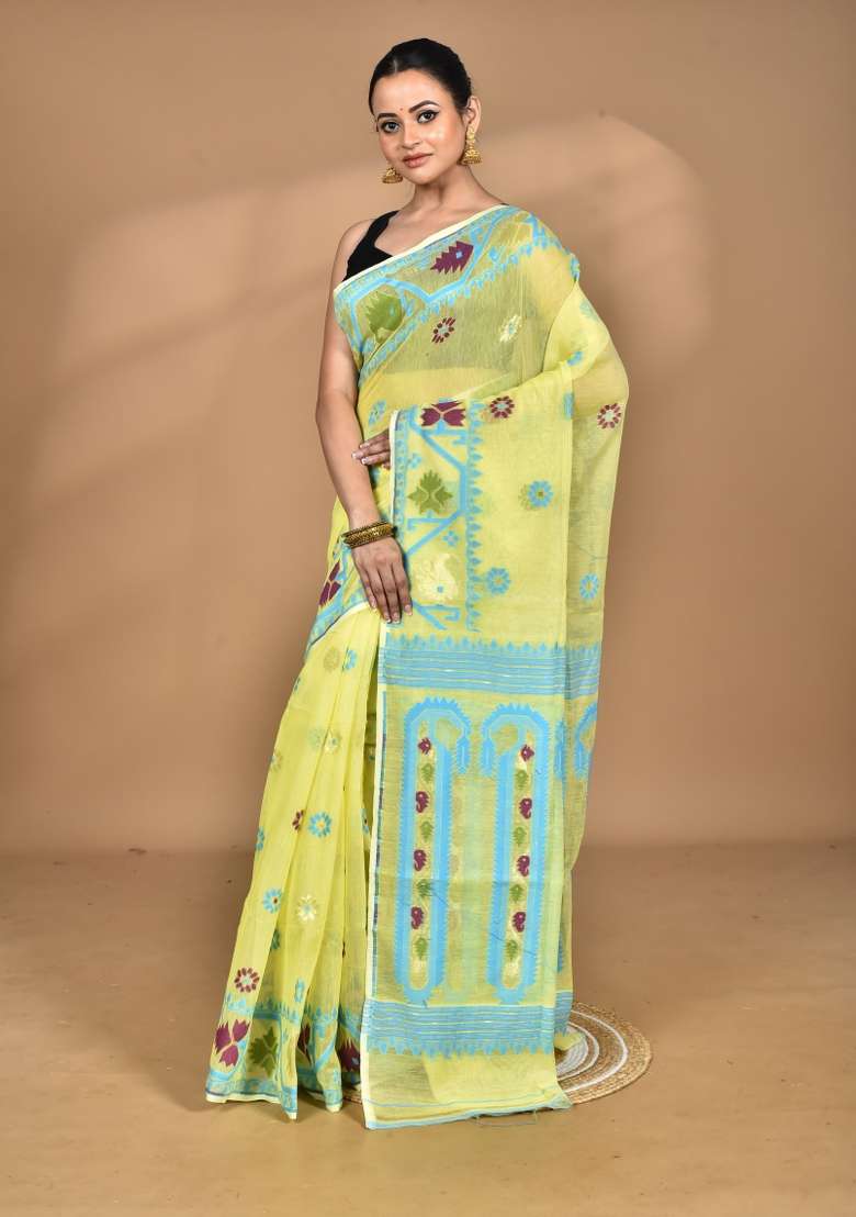 Light Yellow Handloom Pure Cotton Saree Set for Diwali | Wedding & Festive Wear - Indya