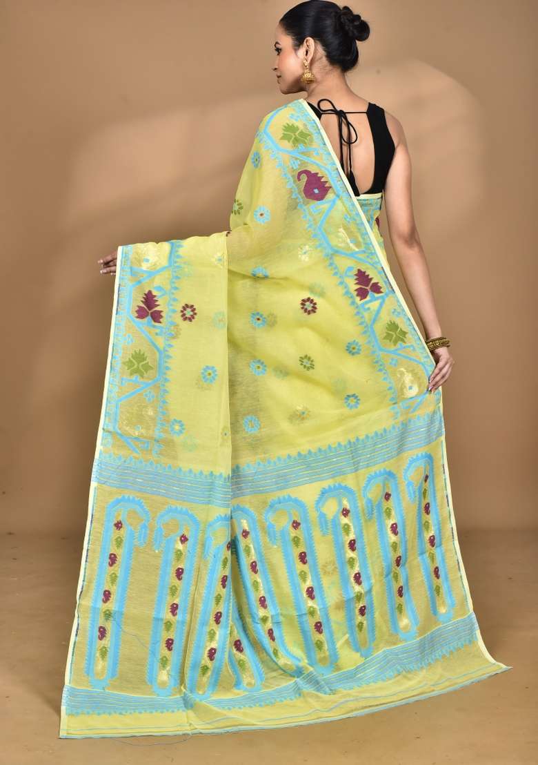 Light Yellow Handloom Pure Cotton Saree Set for Diwali | Wedding & Festive Wear - Indya