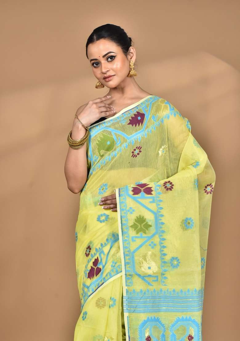Light Yellow Handloom Pure Cotton Saree Set for Diwali | Wedding & Festive Wear - Indya