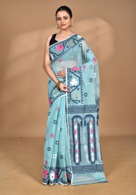 Blue Handloom Pure Cotton Saree Set