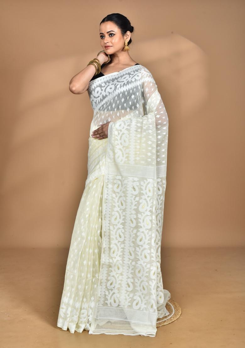 Cream Handloom Pure Cotton Saree Set