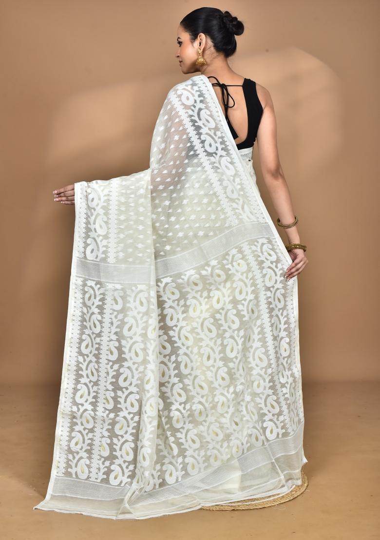 Cream Handloom Pure Cotton Saree Set