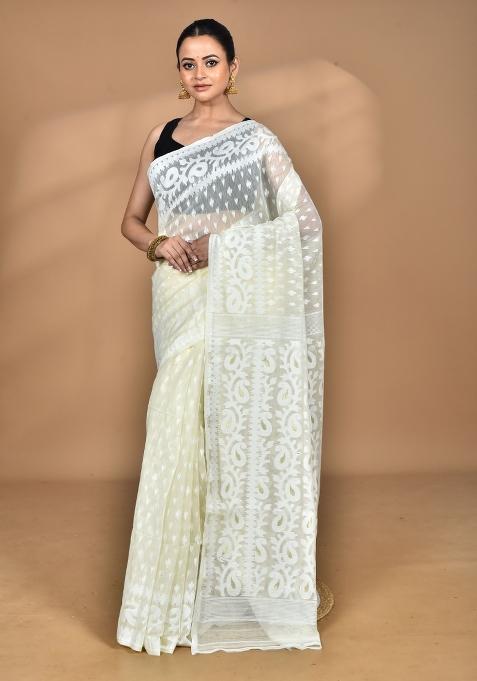 Cream Handloom Pure Cotton Saree Set