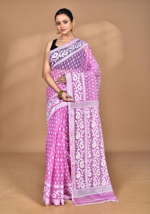 Dark Pink Handloom Pure Cotton Saree Set