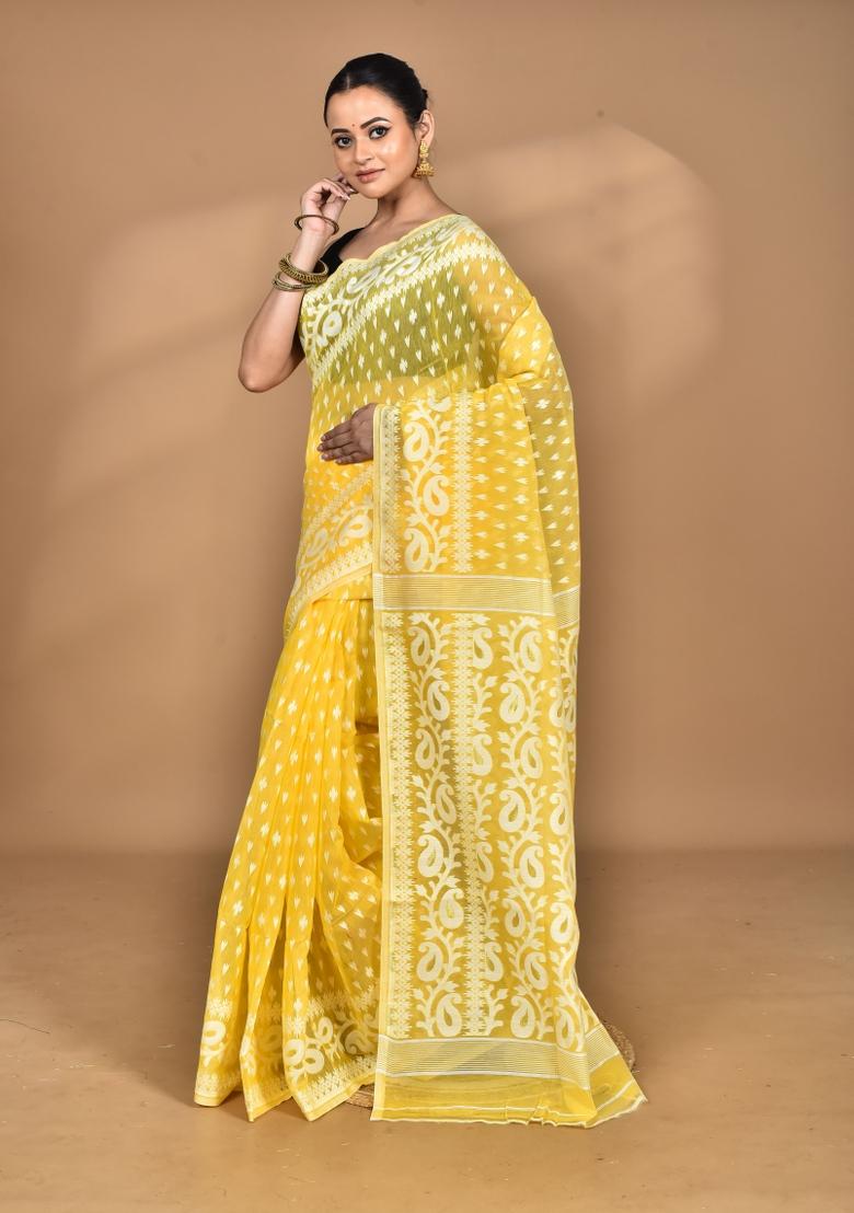 Light Yellow Handloom Pure Cotton Saree Set