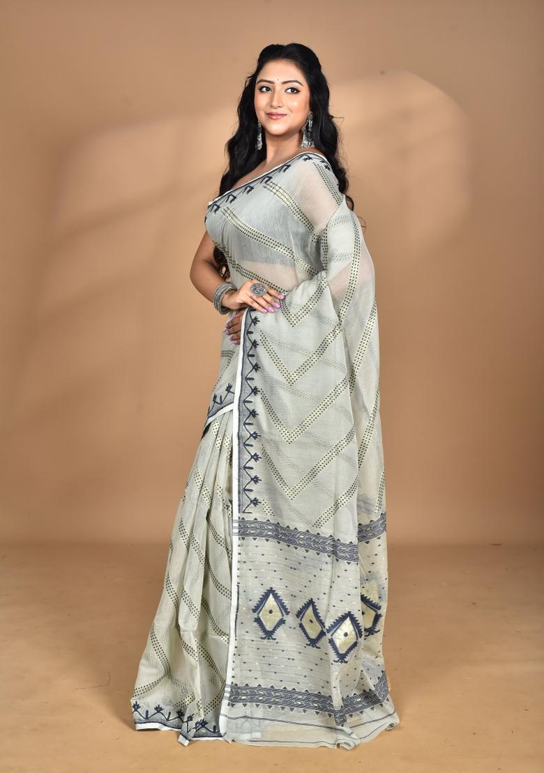 Light Grey Handloom Pure Cotton Saree Set