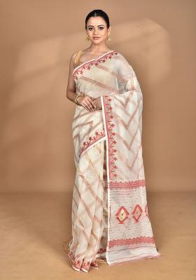Cream Handloom Pure Cotton Saree Set