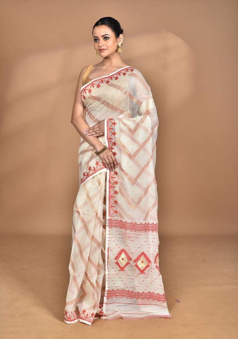 Cream Handloom Pure Cotton Saree Set