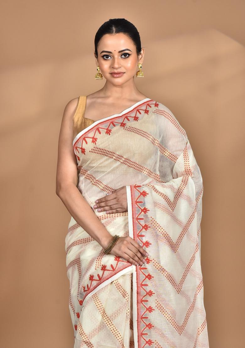 Cream Handloom Pure Cotton Saree Set