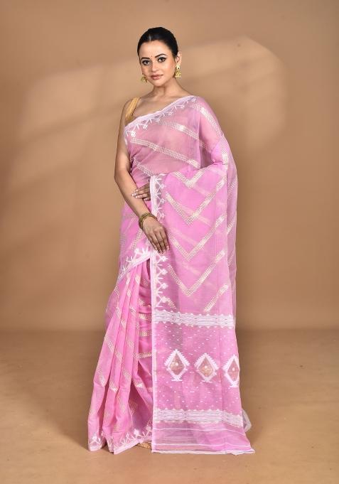 Pink Handloom Pure Cotton Saree Set