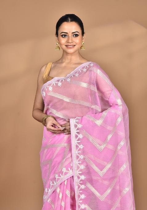 Pink Handloom Pure Cotton Saree Set