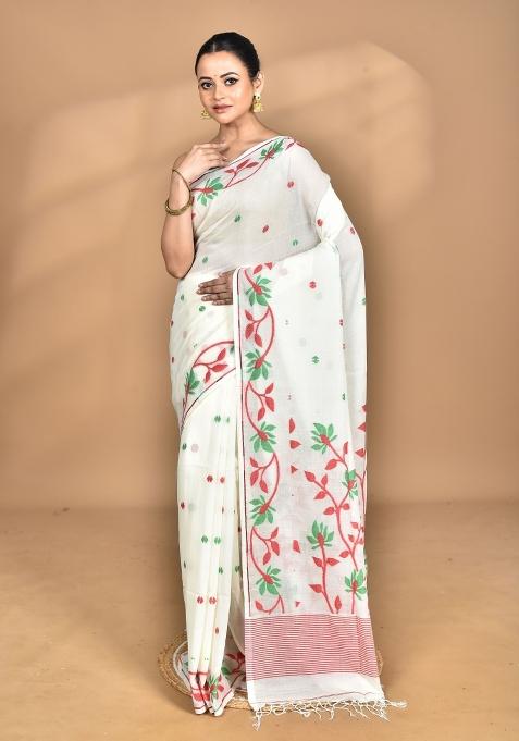 Off White Handloom Pure Cotton Saree Set