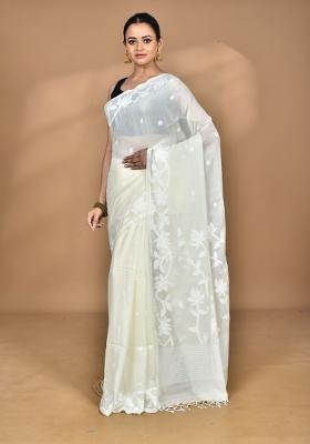 Cream Handloom Pure Cotton Saree Set