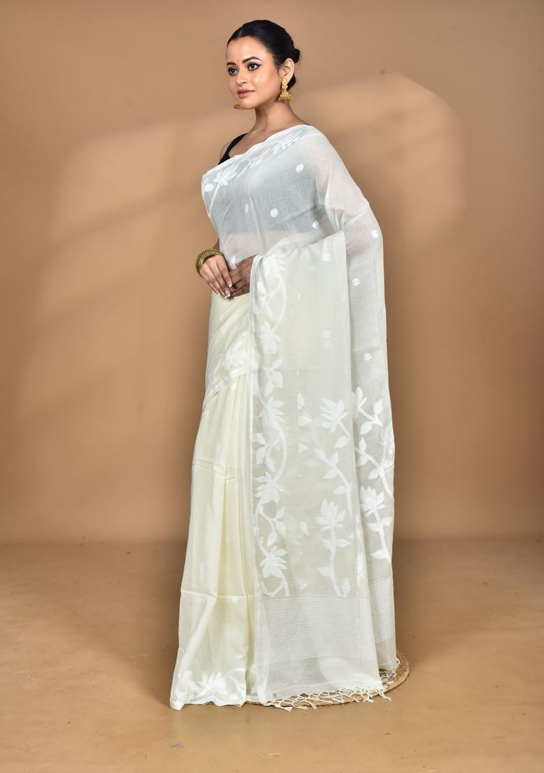 Cream Handloom Pure Cotton Saree Set