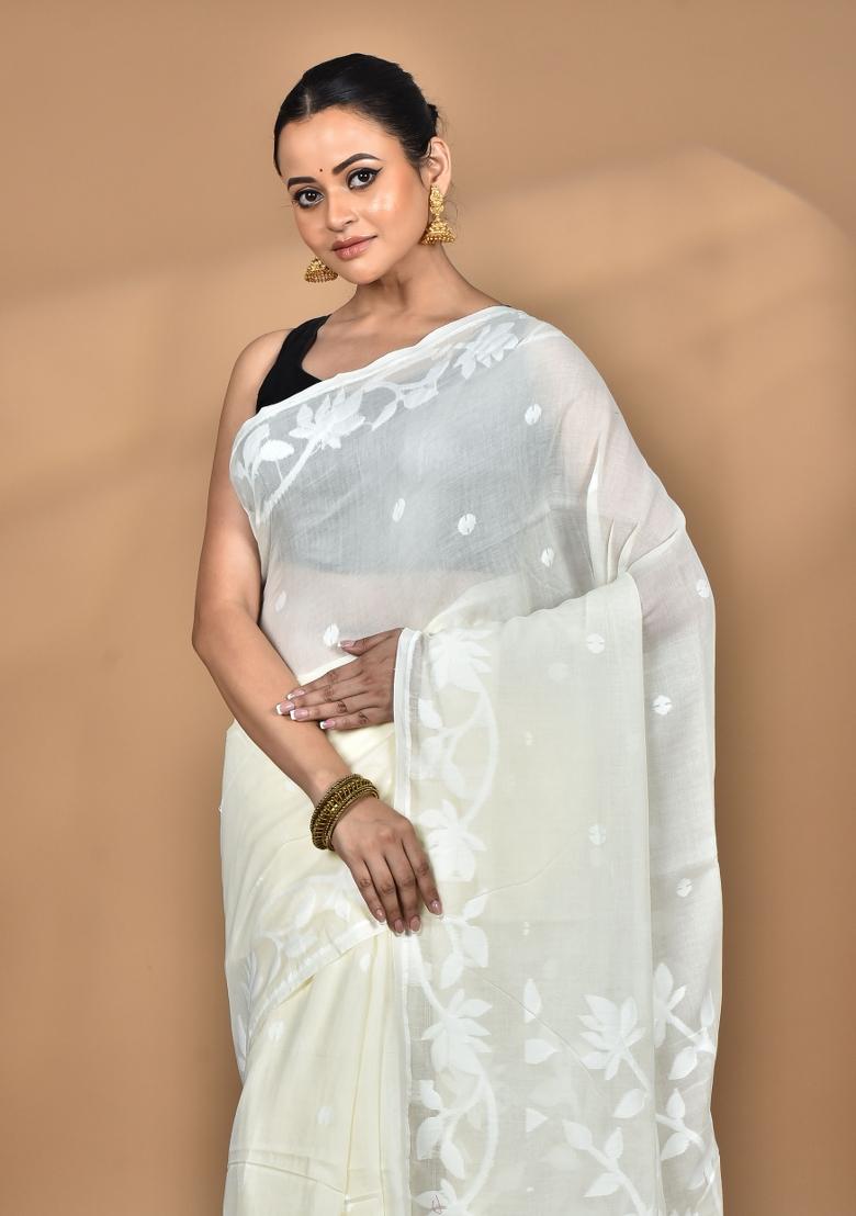 Cream Handloom Pure Cotton Saree Set