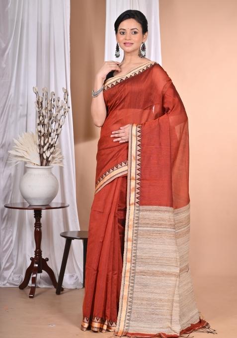 Brown Handloom Pure Cotton Saree Set
