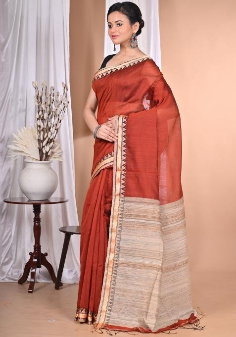 Brown Handloom Pure Cotton Saree Set