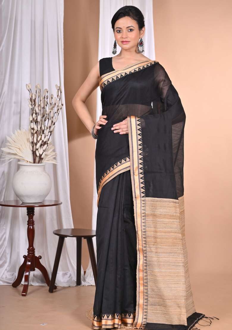 Black Handloom Pure Cotton Saree Set for Diwali and Festive Wear - Indya