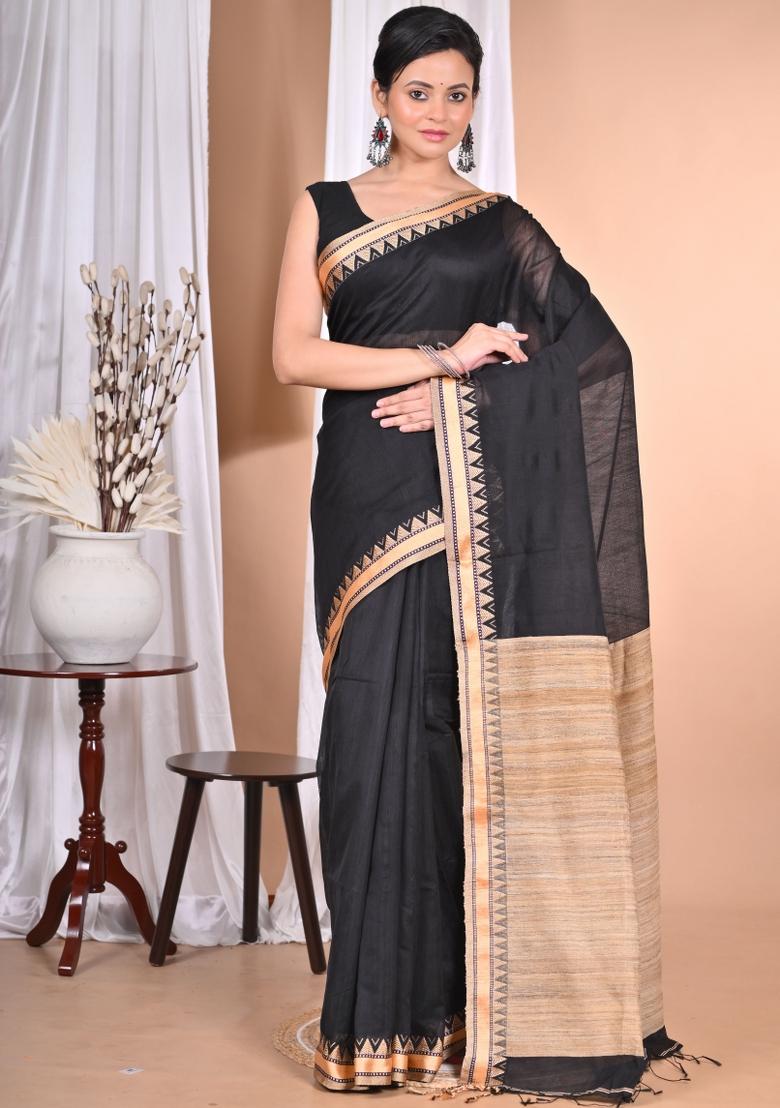 Black Handloom Pure Cotton Saree Set
