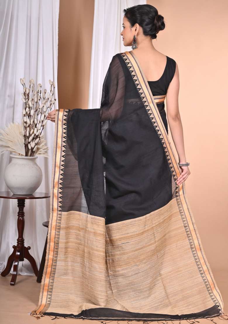 Black Handloom Pure Cotton Saree Set for Diwali and Festive Wear - Indya