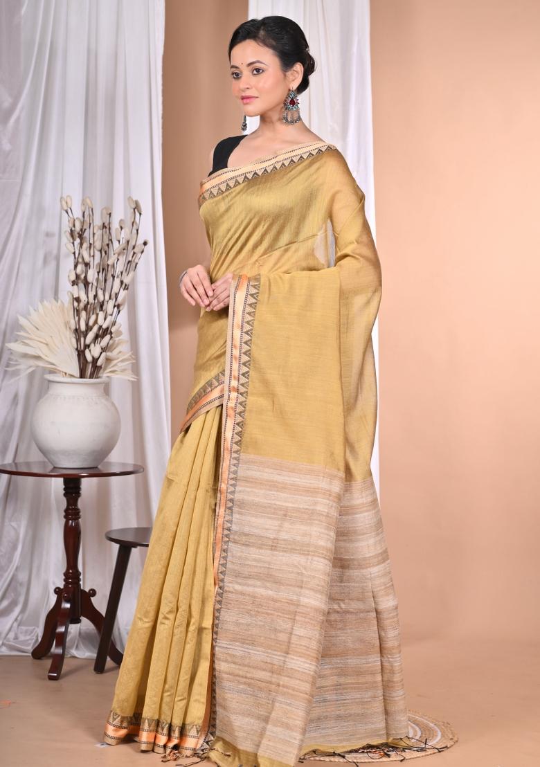 Light Golden Handloom Pure Cotton Saree Set