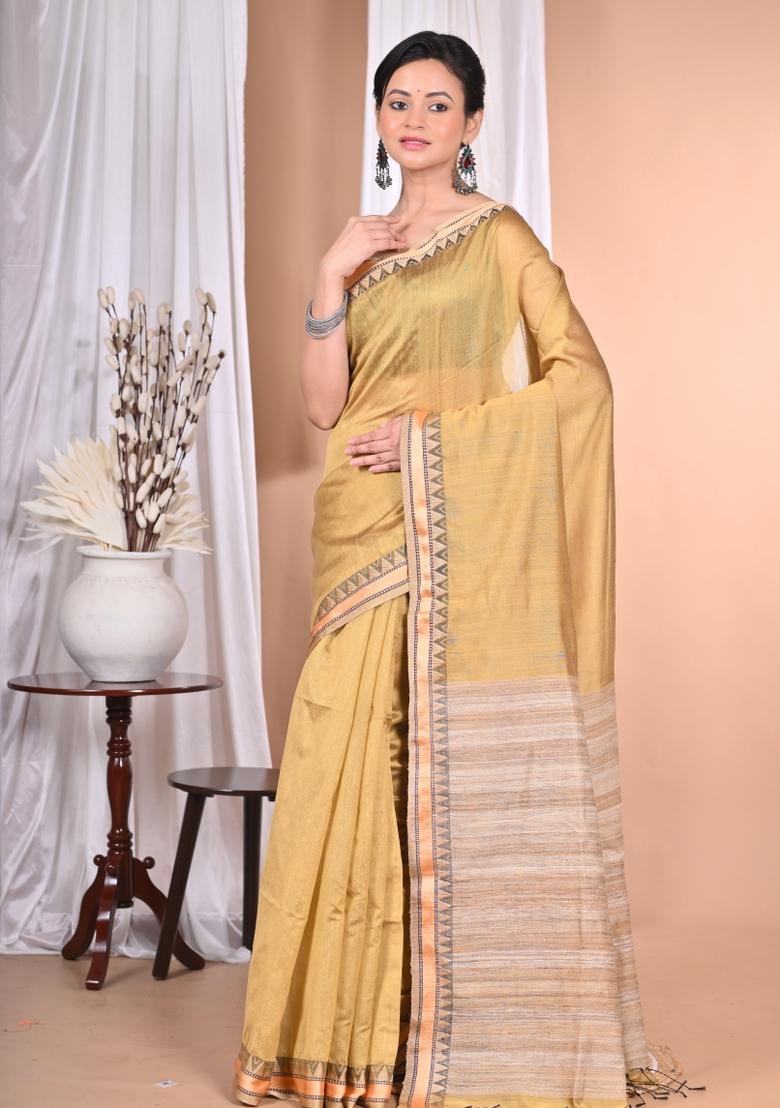 Light Golden Handloom Pure Cotton Saree Set