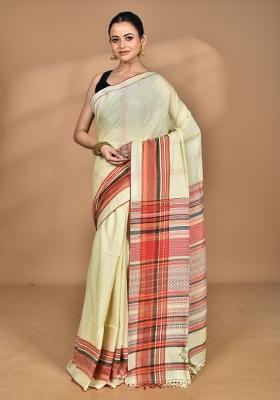Cream Handloom Pure Cotton Saree Set