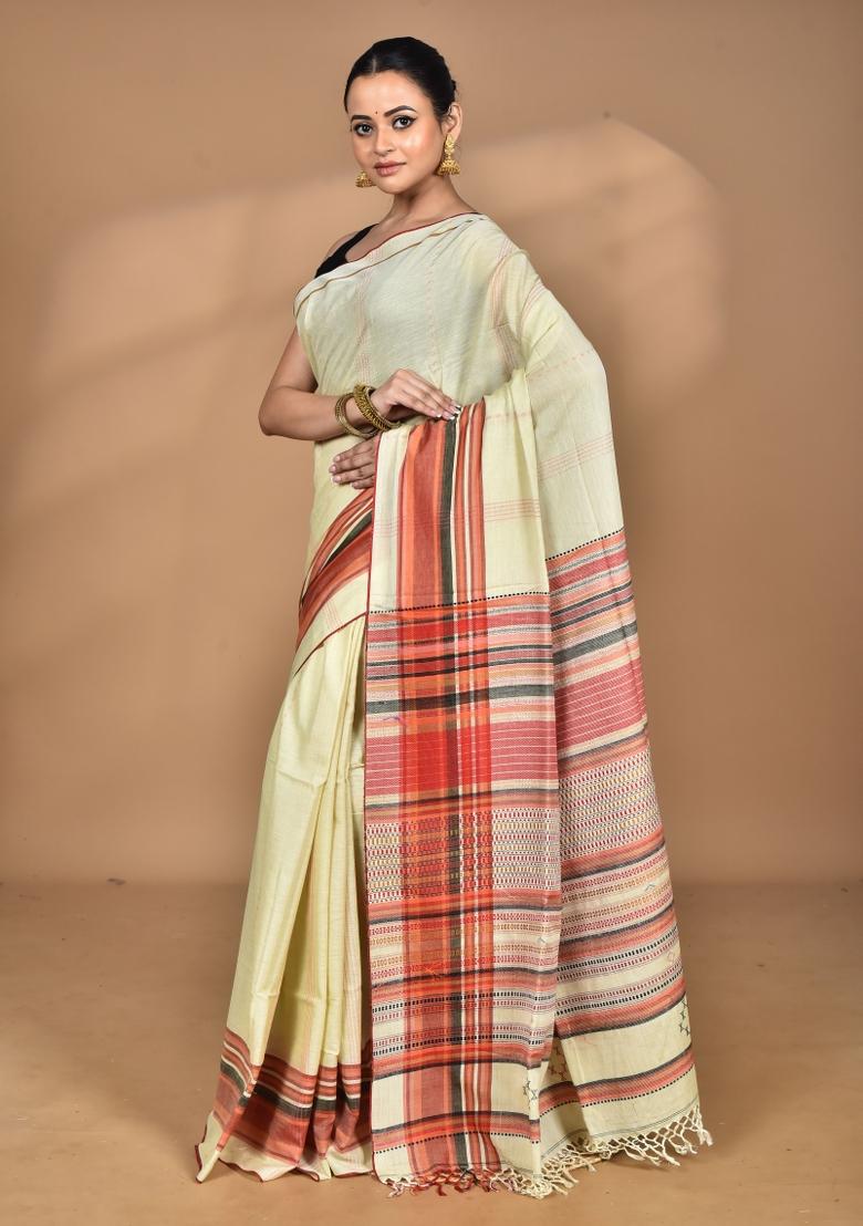 Cream Handloom Pure Cotton Saree Set - Indya