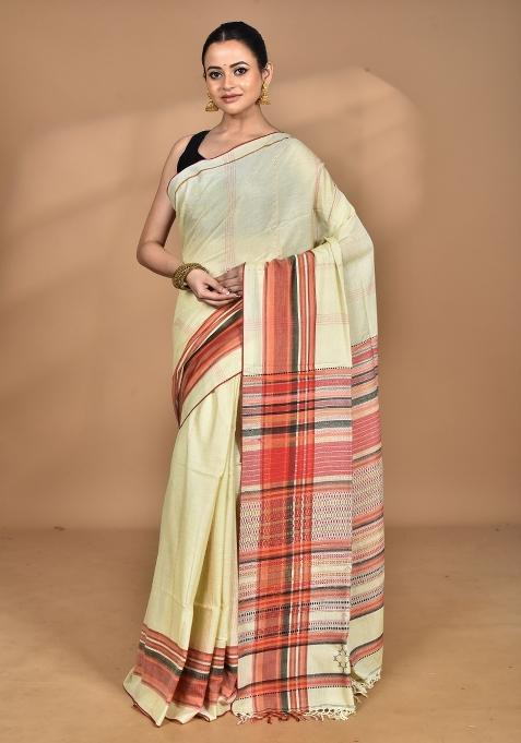 Cream Handloom Pure Cotton Saree Set